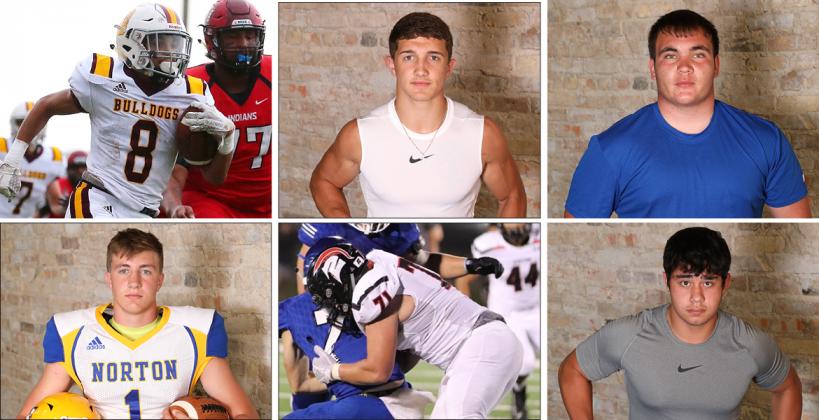 Clockwise from top left: Osborne's Darrien Holloway (Photo by Everett Royer); Thunder Ridge's Reece Struckhoff (Photo by Bree McReynolds-Baetz); Norton's Dante Smith (Photo by Bree McReynolds-Baetz); Thunder Ridge's Joseph Ferguson (Photo by Bree McReynolds-Baetz); Emporia's Riley Wagner (Photo by Shari Beatty); Norton's Kade Melvin (Photo by Bree McReynolds-Baetz)