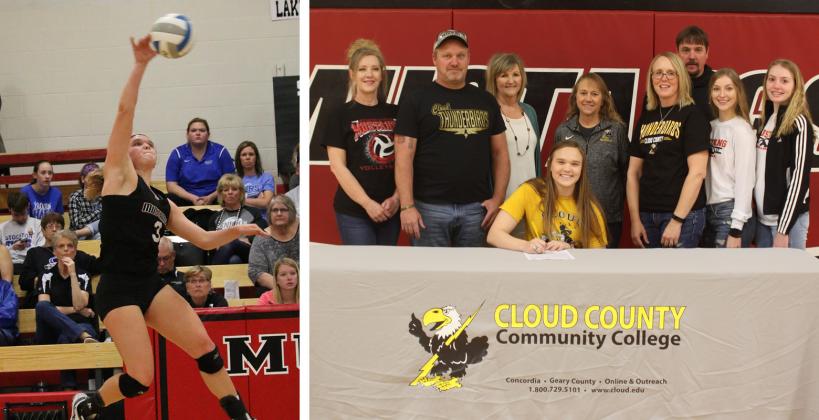 Sylvan-Lucas senior Delaney Herold recently committed to play volleyball at Cloud County Community College. (Action shot courtesy Terri Thrun, signing photo courtesy USD 299)