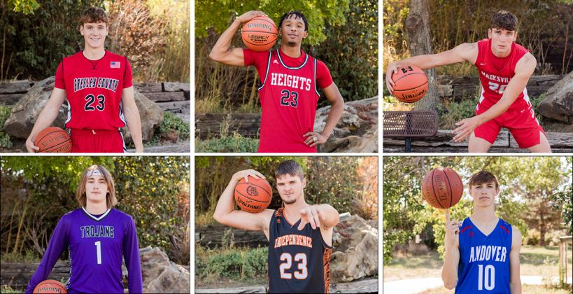 Clockwise from top left: Greeley County's Jaxson Brandl, Wichita Heights' TJ Williams, Macksville's Ryan Kuckelman, Andover's Eli Shetlar, Independence's Easton Ewing, and Southeast of Saline's Eli Sawyers earned All-State honors from the Kansas Basketball Coaches Association. (Photos by Heather Kindall)
