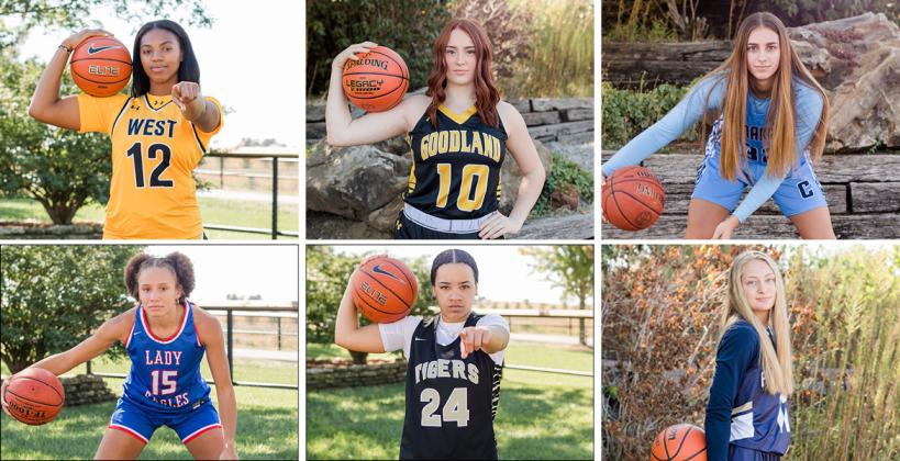 Clockwise from the top left: Shawnee Mission West's S'Mya Nichols, Goodland's Talexa Weeter, Cimarron's McKayla Miller, Phillipsburg's Taryn Sides, Blue Valley's Jadyn Wooten, and Hugoton's Summya Adigun earned All-State honors from the Kansas Basketball Coaches Association. (Photos by Heather Kindall) 