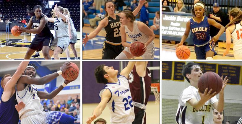 Clockwise from top left: Topeka's NiJaree Canady, Haven's Faith Paramore and Halstead's Karenna Gerber, Circle's Kimalee Cook, Osborne's Steele Wolters, Andover's Harper Jonas, Parsons' DaQuan Johnson. (Photos Credits: Canady - Craig Streever; Paramore/Gerber - Kristy Ehart; Cook - CHS Yearbook; Wolters - Stephanie Baxa, Osborne County Farmer; Jonas - Huey Counts;  Johnson - Sean Frye, Parson Sun)