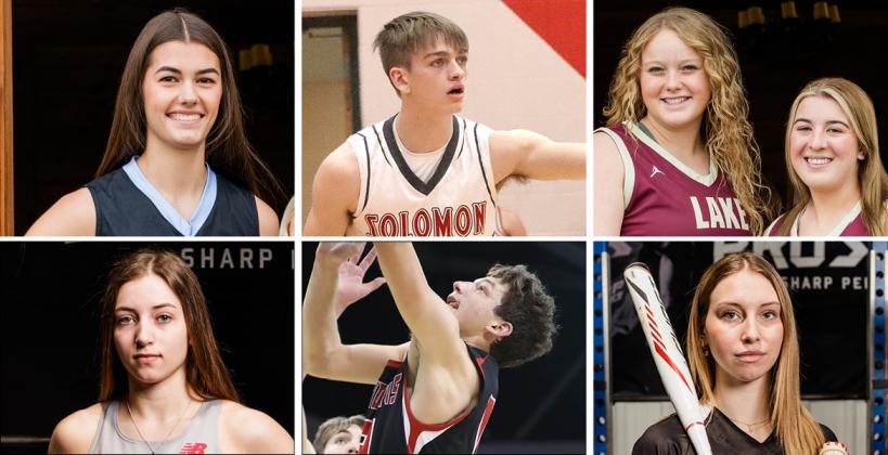 Clockwise from top left: Riverside's Taylor Weishaar, Solomon's Spencer Coup, Silver Lake's Makenzie McDaniel and McKinley Kruger, Rossville's Emma Mitchell, Hodgeman County's Owen Reece and Macksville's Mayce Russell. (Coup photo by Brad Anderson, Abilene Reflector-Chronicle; Reece photo by Jennifer Shiew; All others by Heather Kindall Photography)