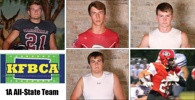 Among the members of this year's KFBCA Class 1A All-State team are, clockwise from top left: Plainville's Jared Casey, Smith Center's Joel Montgomery, Ell Saline's Luke Parks, Sedgwick's Kale Schroeder and Republic County's Eyann Zimmerman. (KPG File Photos)