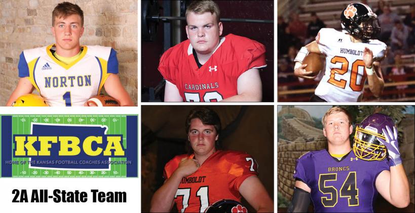 Among the members of this year's KFBCA Class 2A All-State team are, clockwise from top left: Norton's Kade Melvin, Hoisington's Riley Philbern, Humboldt's Conor Haviland, Lakin's Hadley Panzer and Humboldt's Josh Hull. (KPG File Photos)