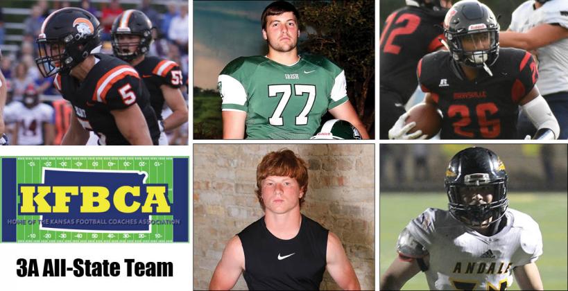 Among the members of this year's KFBCA Class 3A All-State team are, clockwise from top left: Beloit's Carson Cox, Chapman's Kel Stroud, Marysville's Atreyau Hornbeak, Andale's Mac Brand and Prairie View's Hunter Boone. (KPG File Photos)