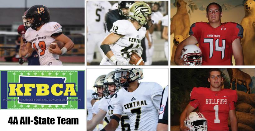 Among the members of this year's KFBCA Class 4A All-State team are, clockwise from top left: Bonner Springs' Bryce Krone, Andover Central's Trey DeGarmo, Tonganoxie's Cole Sample, McPherson's Cody Stufflebean and Andover Central's Xavier Bell. (Krone, Sample, Stufflebean KPG File Photos; DeGarmo and Bell photos by Anna Harter)