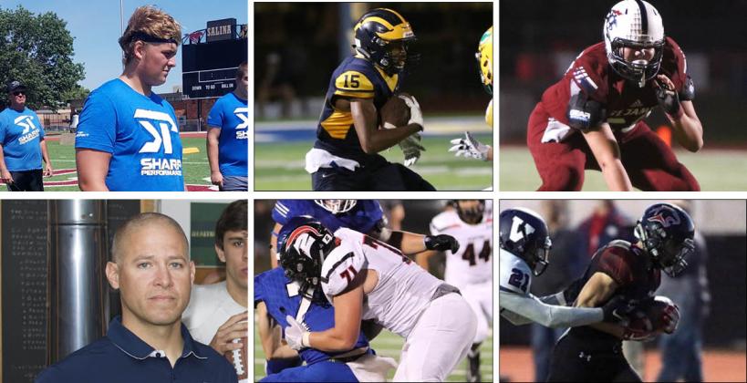 Among the members of this year's KFBCA Class 5A All-State team are, clockwise from top left: Maize South's Cody Fayette, Wichita Northwest's Zion Jones, St. James Academy's Max Kalny, Great Bend's Alex Schremmer, Emporia's Riley Wagner and Mill Valley coach Joel Applebee. (KPG File Photos)