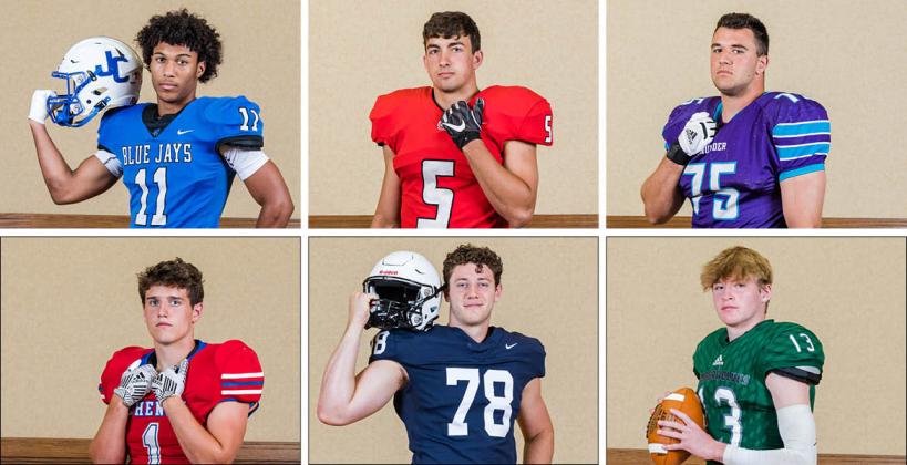 Clockwise from top left: Junction City's Michael Boganowski, Conway Springs' Brayden Kunz, Nemaha Central's Holden Bass, Blue Valley Southwest's Dylan Dunn, Mill Valley's Gus Hawkins, and Cheney's Jack Voth are just a few of the players selected for the KFBCA's All-State teams. (Photos: Heather Kindall)