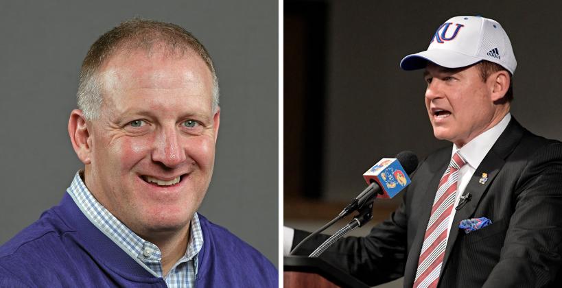 Chris Klieman (left) and Les Miles (right) will be featured speakers at this weekend's KFBCA Clinic in Wichita. (Klieman photo courtesy K-State Sports Information, Miles photo courtesy University of Kansas Athletics)