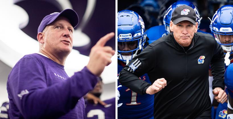 K-State head coach Chris Klieman and KU head coach Lance Leipold will headline the 2022 Kansas Football Coaches Association Clinic scheduled for Feb. 20th and 21st in Wichita. (Klieman photo courtesy K-State Sports Information; Leipold photo by Missy Minear/Kansas Athletics)