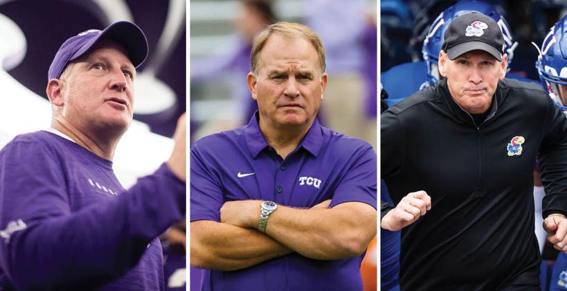 Former TCU head coach, and Rozel, Kansas native, Gary Patterson (center), will join Chris Kleiman and Lance Leipold as feature speakers at this year's Kansas Football Coaches Association coaching clinic in Wichita in February. (Photos: K-State Athletics, Sports Illustrated, KU Athletics)