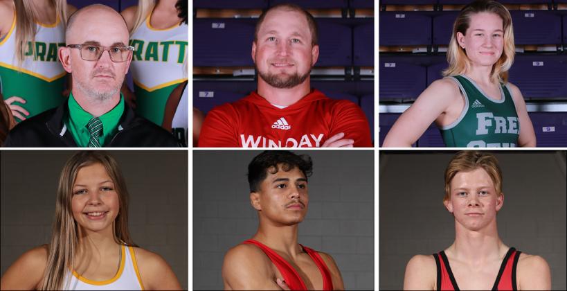 Clockwise from top left: Pratt's Tate Thompson, Dodge City's Tate Lowe, Lawrence Free State's Madyson Gray, Hoxie's Drew Bell, Dodge City's Damian Mendez and Pratt's Livia Swift are just a few of the athletes recognized with KWCA awards following completion of the 2022 season. (Photos by RJ Forbus and Connor Waltz, For Kansas Pregame)