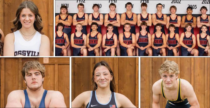 Clockwise from top left: Rossville's Kendra Hurla, the Hoxie boys, Andale's Owen Eck, Olathe South's Nicole Redmond, and Olathe East's Brett Carroll are among KWCA's 2024 annual award selections.