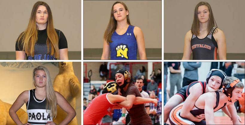 Pictured, clockwise from top left: Junction City's Elisa Robinson, Nickerson's Nichole Moore, Onaga's Morgan Mayginnes, Marysville's Elise Rose, Garden City's Angelina Serrano and Paola's Jordyn Knecht. (Photos by Everett Royer)