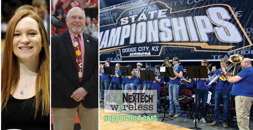St. John senior Melissa Williamson, McPherson's Carol Swenson and the South Gray Band were recognized as part of the Nex-Tech Wireless "Supporting Cast" for Spring 2019. (Photos by Dick Smith, Cindy Kinnamon and Everett Royer)