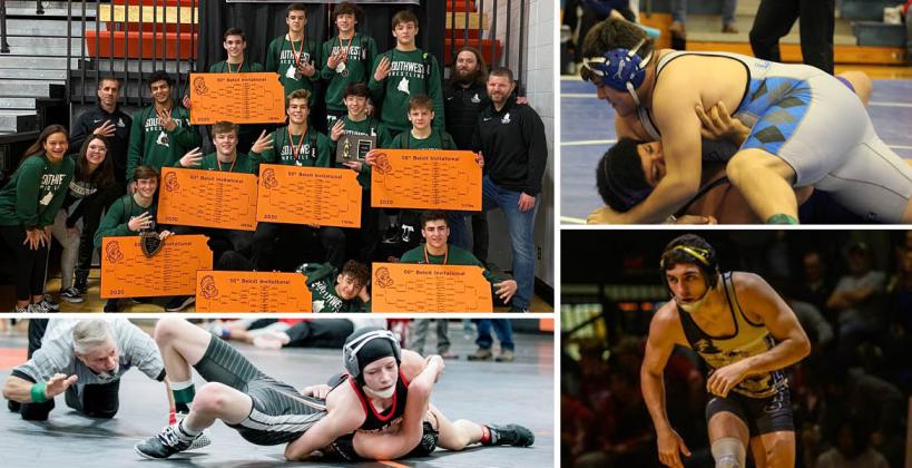 Pictured clockwise from top left: Blue Valley Southwest wins Beloit Invite, Sylvan-Lucas/Lincoln's Tra Barrientes, Newton's Grant Treaster and Marysville's Elise Rose. (Photos: Courtesy BSW Wrestling, Becky Rathbun/Lincoln Sentinel-Republican, Aiden Droge, Everett Royer/KSportsImages.com)