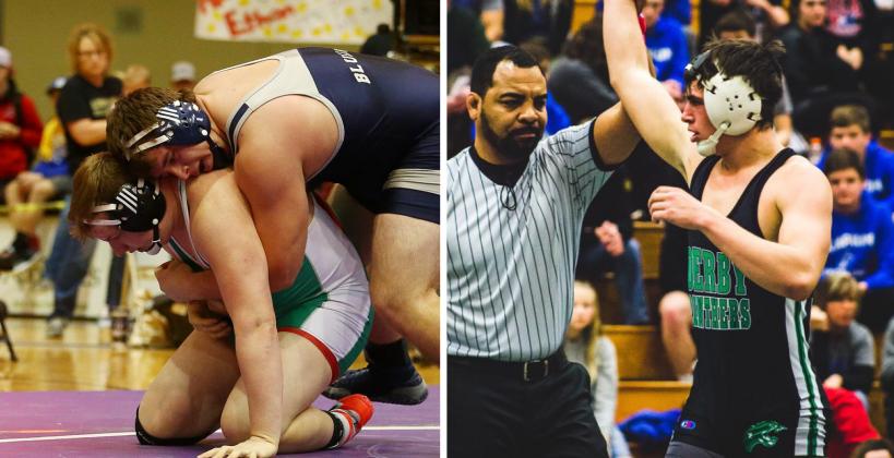 Left: Defending heavyweight champion Elliott Strahm from Sabetha remains atop the 3-2-1A rankings at 285. (Photo by Everett Royer, KSportsImages.com) Right: Derby's Cade Lindsey is the top-ranked wrestler at 170 pounds in 6A. (Photo by Tanner Hopkins, @HopkinsTanner8)