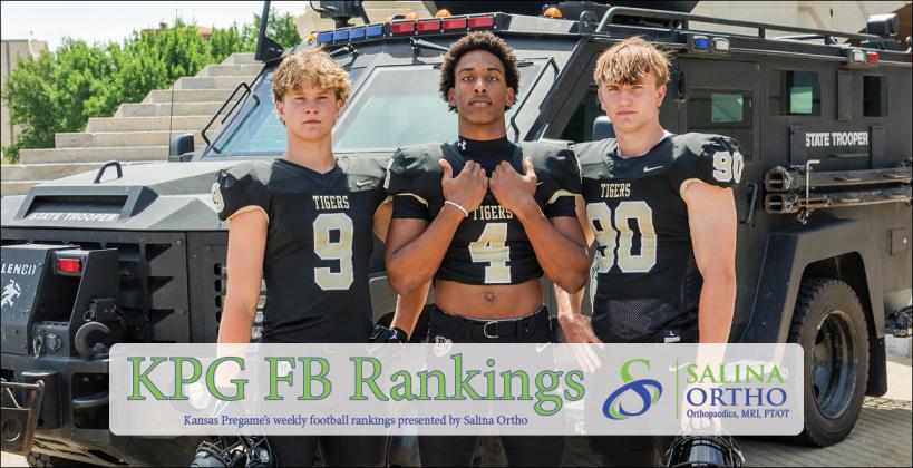 The Blue Valley Tiger defense patrolled by DI prospects, from left, Maguire Richman, Dawson Merritt and Lincoln Stueve has allowed just one touchdown through two games and has the Tigers looking like a squad built to challenge Mill Valley for 5A supremacy. The trio is pictured at the Kansas State Capitol building during the annual Kansas Pregame feature photo shoot sponsored by the Kansas Highway Patrol and DM Law. (Photo: Heather Kindall Photography)