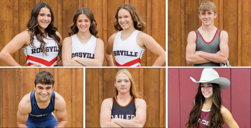 Clockwise from top left: Rossville's Hailey Horton, Kendra Hurla, and Keera Lacock, Chase Johnson of Minneapolis, Topeka-Seaman's Ellie Ayres, Kaydawn Haag of Ellis, and Sabetha's Colin Menold are among the wrestlers selected for the first ever Kansas Shrine Duals. (Ellie Ayers photo courtesy Seaman Vikings wrestling Facebook page all others by Heather Kindall Photography)