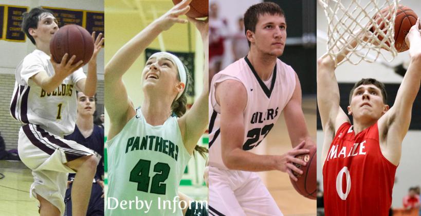 From left-to-right: Osborne's Steele Wolters scored 15 points as the Bulldogs survived Lebo 44-41; Kennedy Brown had 10 points, 10 boards and 4 blocks in just 17 minutes of play as Derby dominated SM NW 60-27; Central Plains' Brett Liebl scored 20 points in the Oilers' 55-30 win over Macksville; and Maize senior Caleb Grill put up 23 points with multiple dunks as the Eagles downed St. James 83-56. (Photo credit, left-to-right: Stephanie Baxa, Osborne County Farmer; Derby Informer; Joey Bahr; Dan Loving) 