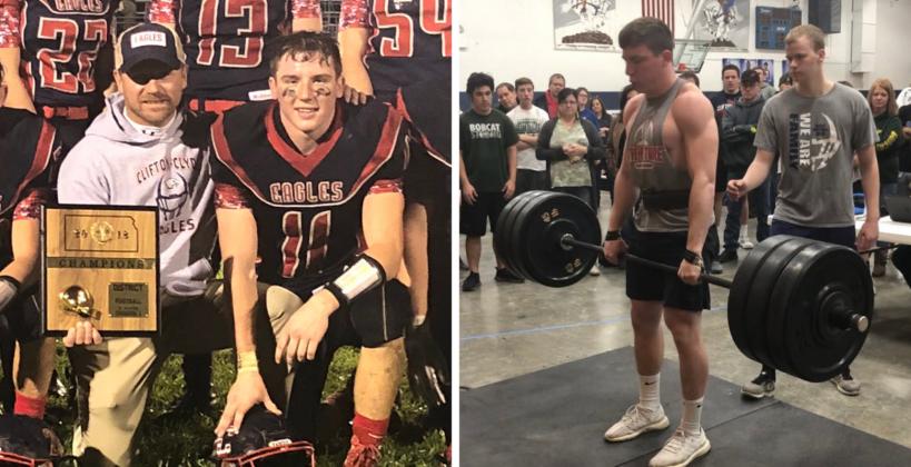 Left: Russ and Drake Steinbrock pose with the district championship trophy last fall. Right: Drake prepares to execute a successful attempt at 320 pounds and break the Horton Powerlifting Meet record at 181 pounds. (Courtesy Photos)