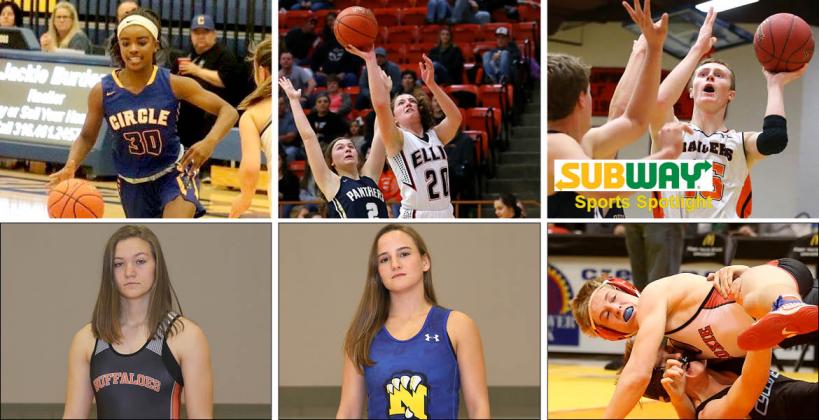 Pictured, clockwise from top left: Circle's Kimalee Cook, Ellis' Grace and Zach Eck, Hoxie's Dylan Weimer, Nickerson's Nichole Moore and Onaga's Morgan Mayginnes. (Cook photo by Circle Yearbook, all others by Everett Royer, KSportsImages.com)