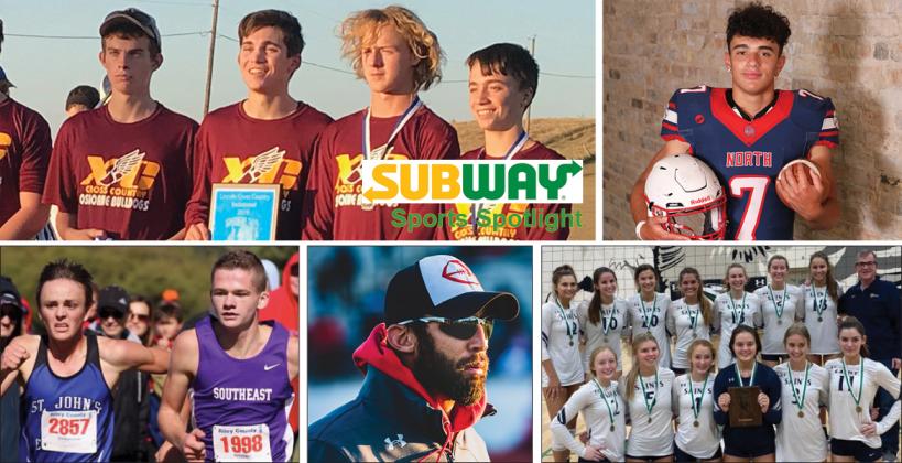 Clockwise from top left: Osborne Cross Country (Photo: Robin Bales); Olathe North's Arland Bruce IV (File Photo); St. Thomas Aquinas Volleyball (Courtesy Photo); Wamego coach Weston Moody (Photo: Chandler Mixon); Caleb Eilert and Dylan Sprecker (Photo: Jessica Sprecker)