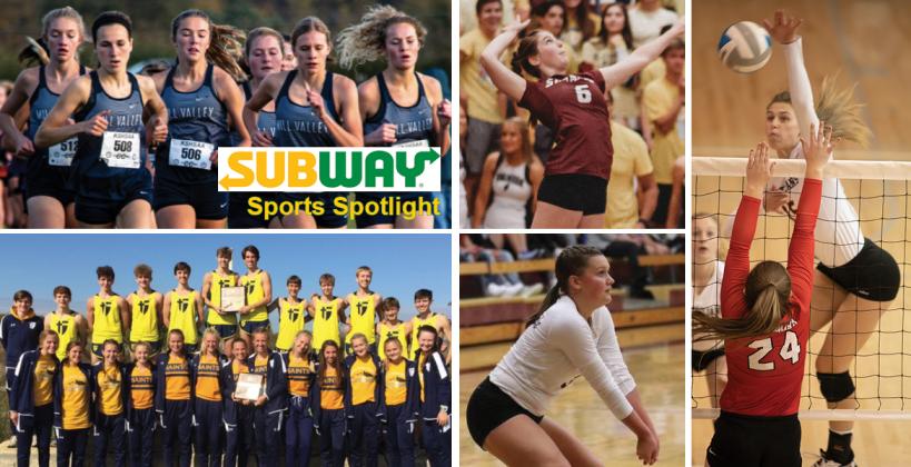 Clockwise from top left: Mill Valley girls cross country (Photo: Alycia Jiskra, KS Milesplit); St. James Academy's Ellie Bolton (Photo: St. James Academy Athletics); Beloit's Shea Larson (Photo: Stephanie Meier); Silver Lake's Taylor Burkhardt (Courtesy Photo); St. Thomas Aquinas cross country teams (Photo: Aquinas Athletics)