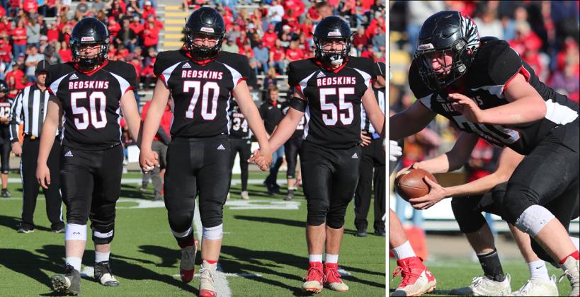 Pictured, left to right: Little River seniors Kaden Schafer, Kyle Bruce and Carter Holloway. Right: Bruce fires off the line in Little River's title game matchup with Meade. (Photos by Everett Royer, KSportsImages.com)