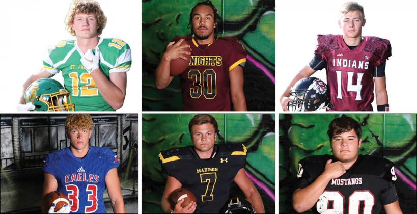 Pictured clockwise from top left: St. Francis' Shadryon Blanka, Victoria's Jayvon Pruitt, Wichita County's Kayde Rietzke, Sylvan-Lucas' Tra Barrientes, Madison's Hunter Engle and Canton-Galva's Brayden Collins are six of the Top 16 seniors in 8-Man football as voted on by the 8-Man coaches of Kansas. (All photos by Bree McReynolds-Baetz)