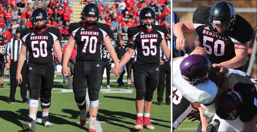 Pictured, left to right: Little River seniors Kaden Schafer, Kyle Bruce and Carter Holloway. Right: Schafer jumps on the pile in Little River's title game matchup with Meade. (Photos by Everett Royer, KSportsImages.com)