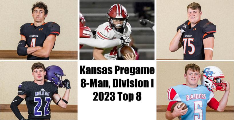 Clockwise from bottom left: Meade's Brock Keith, Lyndon's Tanner Heckel, Hoxie's Jonathan Mader, Lyndon's Kaiden Massey, and Central Burden's Jace Wunderlich are among the 8-Man Division I Top 8 selections for 2023, as voted on by Kansas high school football coaches. (Photos: All photos except Mader are by Heather Kindall; Mader photo by Kinley Rogers, Hoxie High School Journalism)