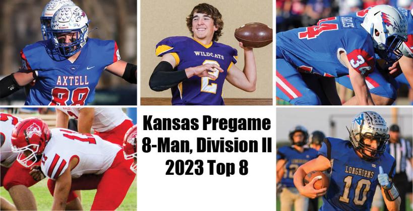 Clockwise from bottom left: Kinsley's Kaden Arensman, Axtell's Sawyer Deters, Minneola's Eli Lang, Axtell's Grady Buessing and Thunder Ridge's Mason Baker are among the 2023 Top 8 seniors as voted on by 8-Man football coaches. (Photos: Arensman by Kinsley Sports Photos; Deters and Buessing by Everett Royer, KsportsImages.com; Lang by Heather Kindall; Baker by Dale Stephens Photography)