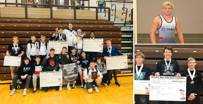 Pictured, clockwise from left: Goddard High won the team title at the Rock Welton; St. James Academy's Cade Lautt won the 220 pound title; Goddard's Cayleb Atkins won the 160 pound class. (Goddard photos by Jammie Atkins; Lautt photo by Everett Royer, KSportsImages.com)