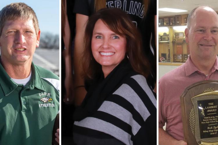 (L-R): Olpe's Chris Schmidt, Sterling's Jill Rowland and Bishop Miege's Rick Zych are three of the coaches honored with KBCA Special Awards. (Photo credit: Evert Nelson/Topeka Capital-Journal; RJ Forbus/Kansas Pregame; Bishop Miege Twitter)