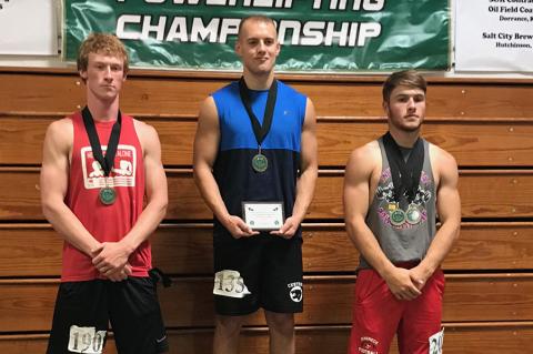 The 165 pound class at the KEMFA State Powerlifting Championships featured three outstanding lifters. Pictured (L-R): Garret Dalinghaus, Frankfort junior, third overall; Garrett Burns, Central Christian junior, first overall and multiple record-breaker; and Conner Born, Hill City senior, second overall. (Photo courtesy Jerry Burns)