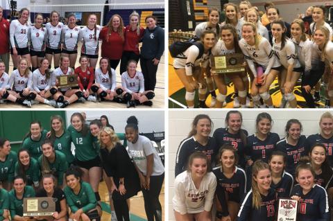 Clockwise from top left: Smith Center (Photo: Lady Red Volleyball); St. Thomas Aquinas (Photo: Saints Volleyball); Clifton-Clyde (Photo: Lady Eagles); Derby (Photo: Brett Flory)