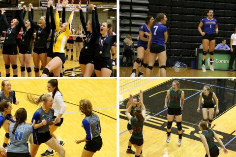 Clockwise from top left: Garden Plain, Wabaunsee, Smith Center and Colgan celebrate at last year's state tournament. (Photos by Everett Royer, KSportsImages.com)