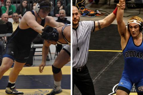 Left: Washburn Rural junior Gavin Carter is the second-ranked wrestler in 6A's 182 pound class. (Courtesy Photo) Right: Goddard senior Troy Fisher is the top-ranked wrestler in 5A's 170 pound class. (Photo by Wendy Morrow)