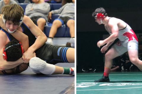 Bowan Murray (left) was a state qualifier for Washburn Rural last year as a sophomore and is one of nine returning qualifiers who will try to deliver the Jr. Blues a state title. (Photo courtesy Damon Parker) Right: Wichita North's Jackson Stroud was a state placer at 220 pounds last season. (Courtesy Photo)