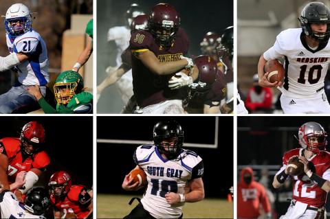 Clockwise from top left: Colin Jueneman (Hanover), Jayvon Pruitt (Victoria), Jayden Garrison (Little River), Gavin Cornelison (Frankfort), Aaron Skidmore (South Gray) and Harlon Obioha (Hoxie) are among the 80 players selected to play in Saturday's 8-Man All-Star games in Beloit. (Gavin Cornelison photo courtesy FHS Yearbook, all others by Everett Royer, KSportsImages.com)  --