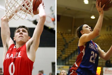 Maize's Caleb Grill and Hanover's Macy Doebele were just two of the players who performed well in Saturday's KBCA All-Star Games in Salina. (Grill photo by Dan Loving, Doebele photo by Everett Royer, KSportsImages.com)