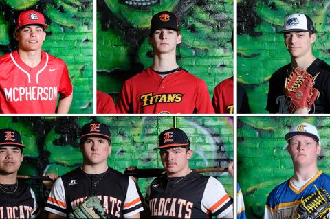 Pictured, clockwise from top left: McPherson's Hunter Alvord, Columbus' Seth Stover, Eisenhower's Tyner Horn, Collegiate's Hayden Malaise, and Elkhart's Austin Rich, Kage Ralstin, and Cesar Gomez were among the first team All-State selections by the Kansas Association of Baseball Coaches. (Photos: Joey Bahr, For Kansas Pregame)