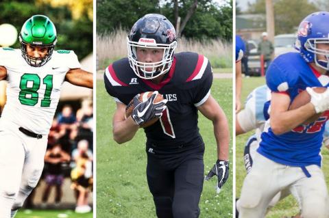 From left to right: Derby's Isaac Keener (Kansas Shrine Bowl), Rock Hills' Zane Colson (8-Man All-Star Game), and Pawnee Heights' Kade Scott (6-Man All-Star Game) are just three of the players who will participate in the three different All-Star football games scheduled Saturday. (Photos by Jared Weinman, Derek Livingston, and Kellan Shafer)