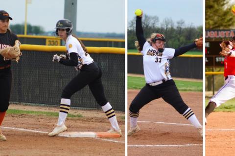 L-R: Augusta's Allie Ebenkamp and Andale/Garden Plain's Macie Eck wait for the pitch in Monday's doubleheader. (Photo by Jaysa Anderson); Andale/GP's Rachel Choate prepares to deliver the pitch in Monday's doubleheader. (Photo by Jaysa Anderson); Augusta's Gracie Johnston is one of the top pitchers in Kansas. (Photo by Lori Streck)