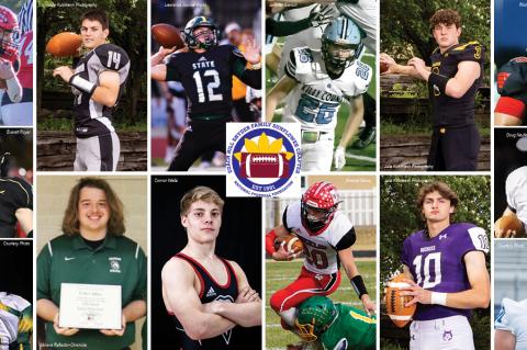 Clockwise from top left: Bucklin's Nathaniel Bowman, Lakeside's Kylan Cunningham, Lawrence Free State's Jett Dineen, Riley County's Trey Harmison, Madison's Casey Helm, Maize's Brandon Kerr, Inman's Kyler Konrade, Mill Valley's Cody Moore, Blue Valley Northwest's Mikey Pauley, Bucklin's Scott Price, Kingman's Colby Schreiner, Chapman's Colt Sell, Olpe's Ted Skalsky and La Crosse's Colby Stull.