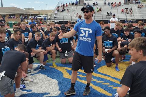 Sharp Performance CEO Jake Sharp addresses the athletes after Saturday's SP Showcase in Wichita. The second event in the 2021 Combine Series, the Showcase put the spotlight on many of the state's top players with testing, position specific drill work and competitive one-on-ones. More information about the SP Top Prospect and Last Chance events is coming soon. (Photo by John Baetz, Kansas Pregame)