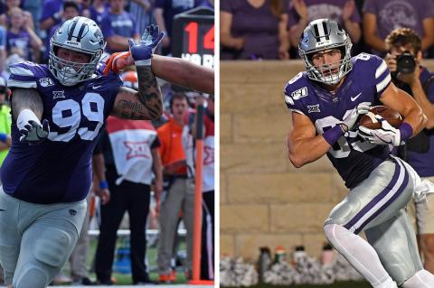 Horton's Trey Dishon (#99) and Blue Valley Northwest's Dalton Schone (#83) are just to K-State seniors who played their high school football in Kansas. (Photos courtesy K-State Athletics)