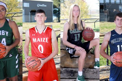 Winter cover athletes continue leading some of the top teams in the KBCA rankings. Left-to-right: Tor'e Alford is part of an outstanding group for top-ranked Derby; Maize standout Caleb Grill is helping to keep the Eagles atop the 5A rankings; Emily Ryan and the Central Plains Oilers continue their winning streak; Phillipsburg's Trey Sides is a big reason the Panthers are ranked fourth in 3A. (Photos by Bree McReynolds-Baetz Photography)