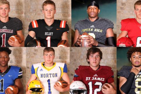 This week's Football Friday includes a number of players featured in this year's Kansas Pregame. Pictured clockwise from top left: Jordan Finnesy, Hudson Gray, Da'Vonshai Harden, Collin Koester, Ky Thomas, Jack Moellers, Kade Melvin and Teven McKelvey. (File Photos)